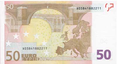 Банкнота достоинством 50 евро - Оборотная сторона.