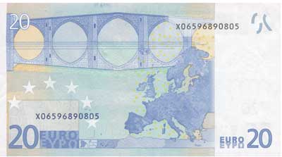 Банкнота достоинством 20 евро - Оборотная сторона.